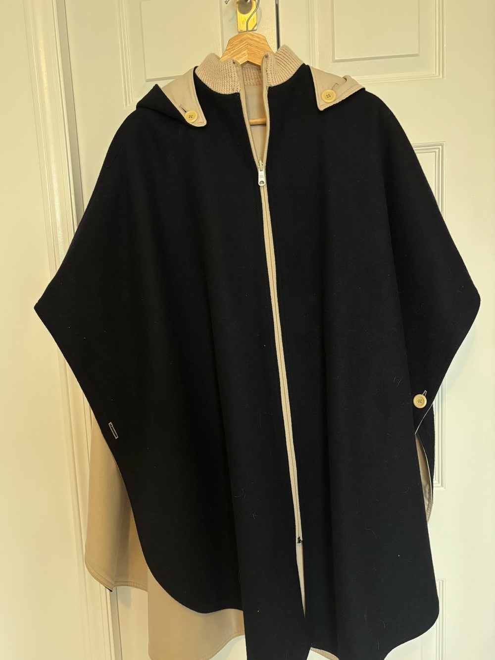 Reversible Navy & Beige Hooded Cape Coat